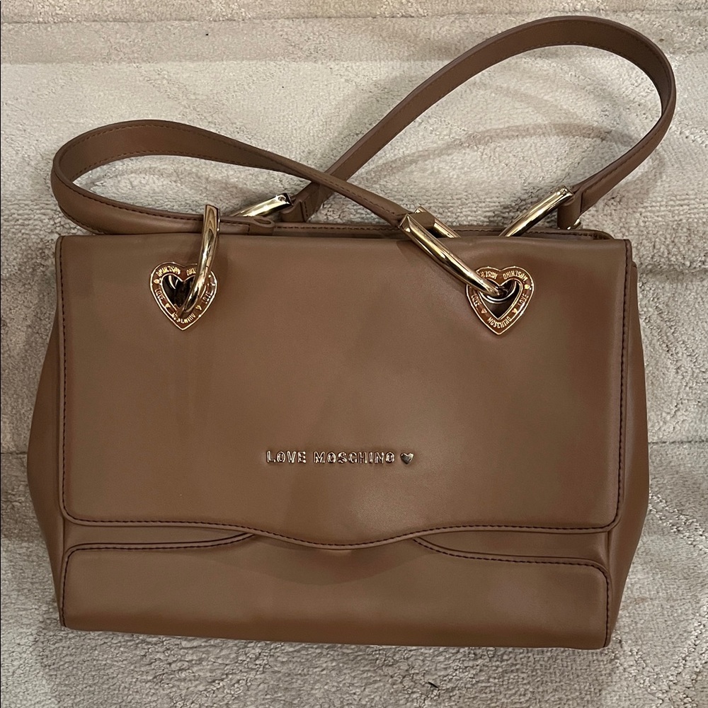 Love Moschino Tan Shoulder Bag with Heart Accents